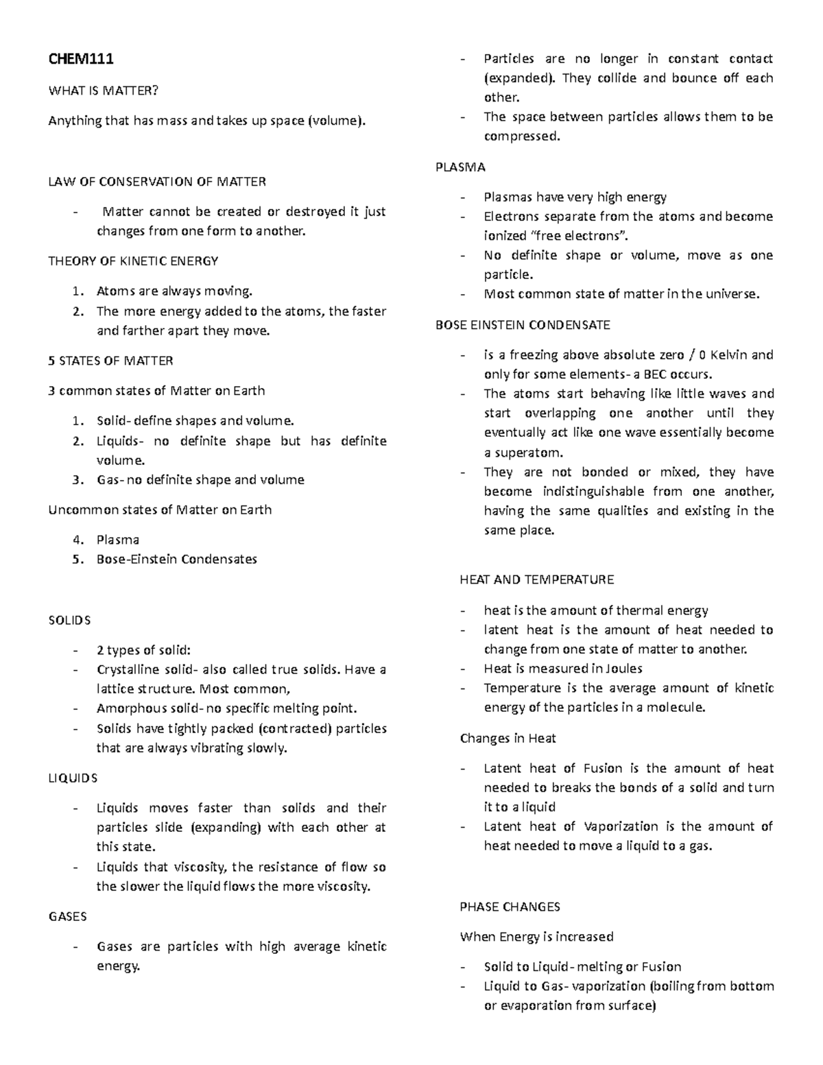 CHEM111 - Notes on Matter and Atomic Structure Concepts - Studocu
