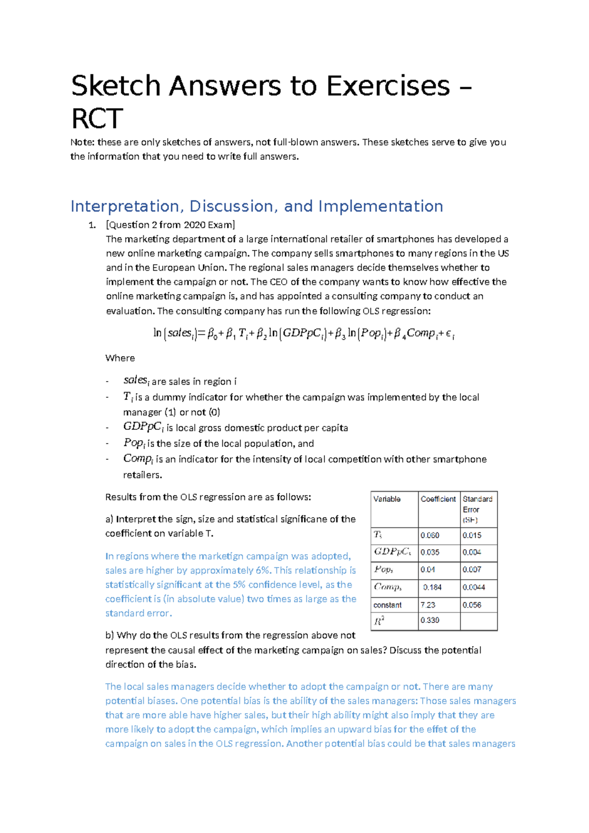 Exercises 2 RCT: Sketch Answers and Interpretation of Results - Studeersnel