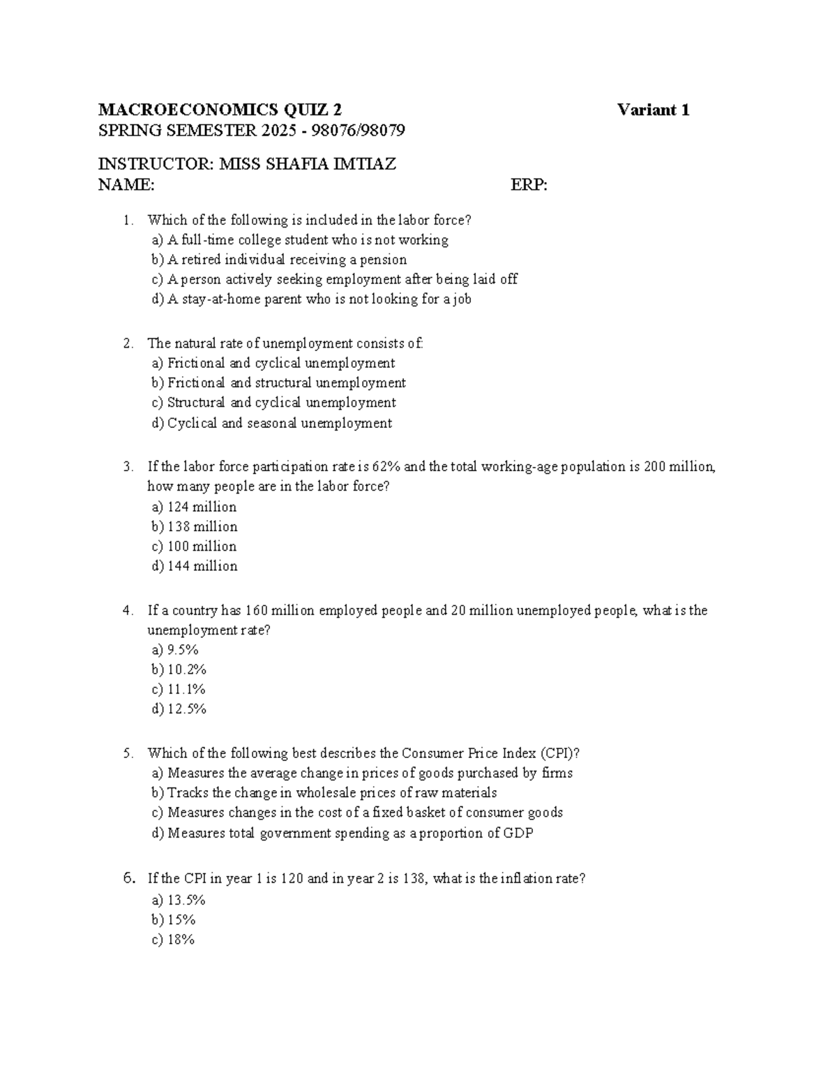 Macroeconomics quiz 2 spring semester 2025 variant 1 - Studocu
