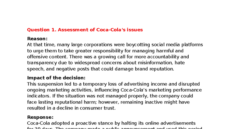 Chapter 4 - ầgdverdg - Question 1. Assessment of Coca-Cola's issues ...
