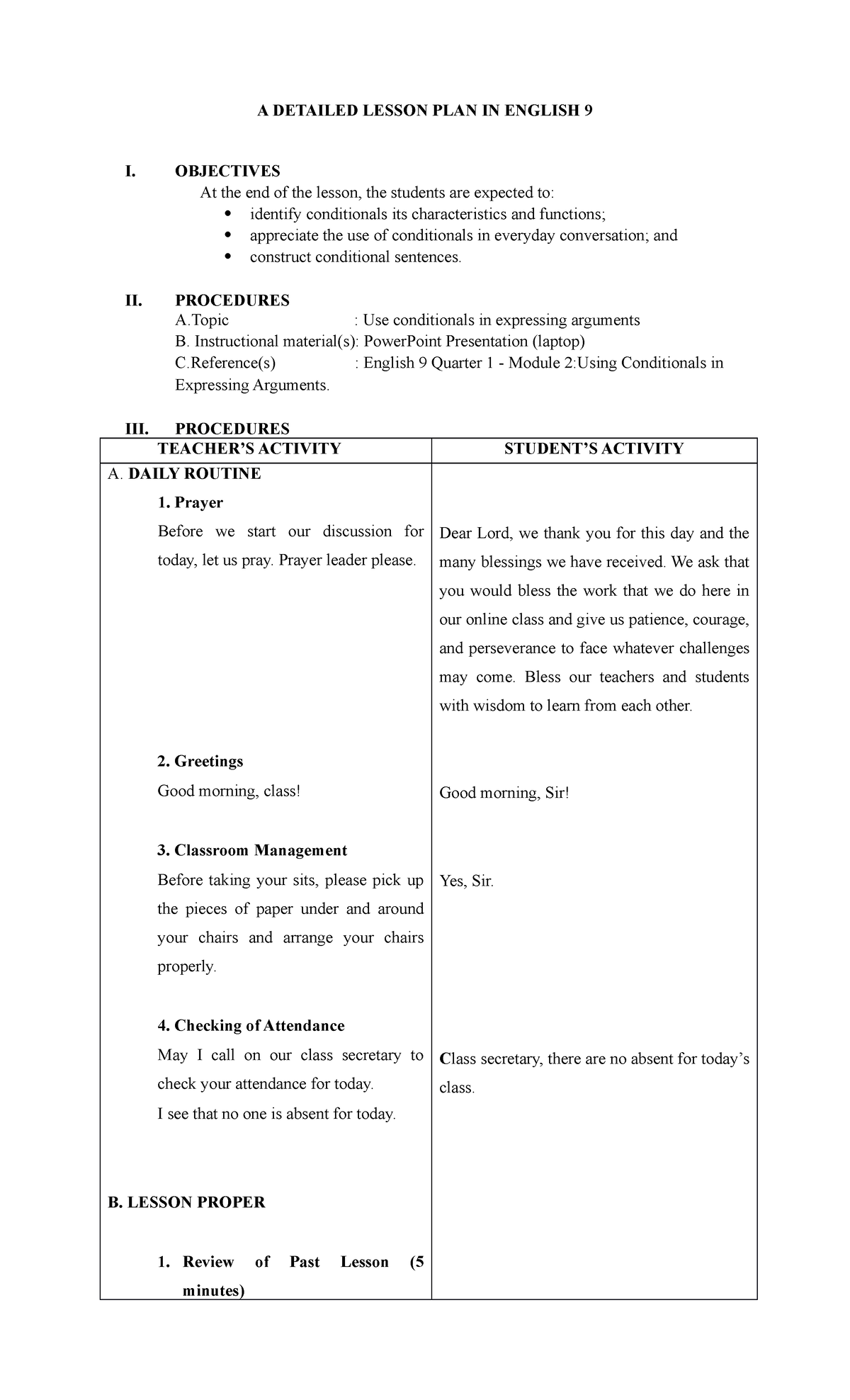 Detailed Lesson Plan Conditionals - A DETAILED LESSON PLAN IN ENGLISH 9 ...