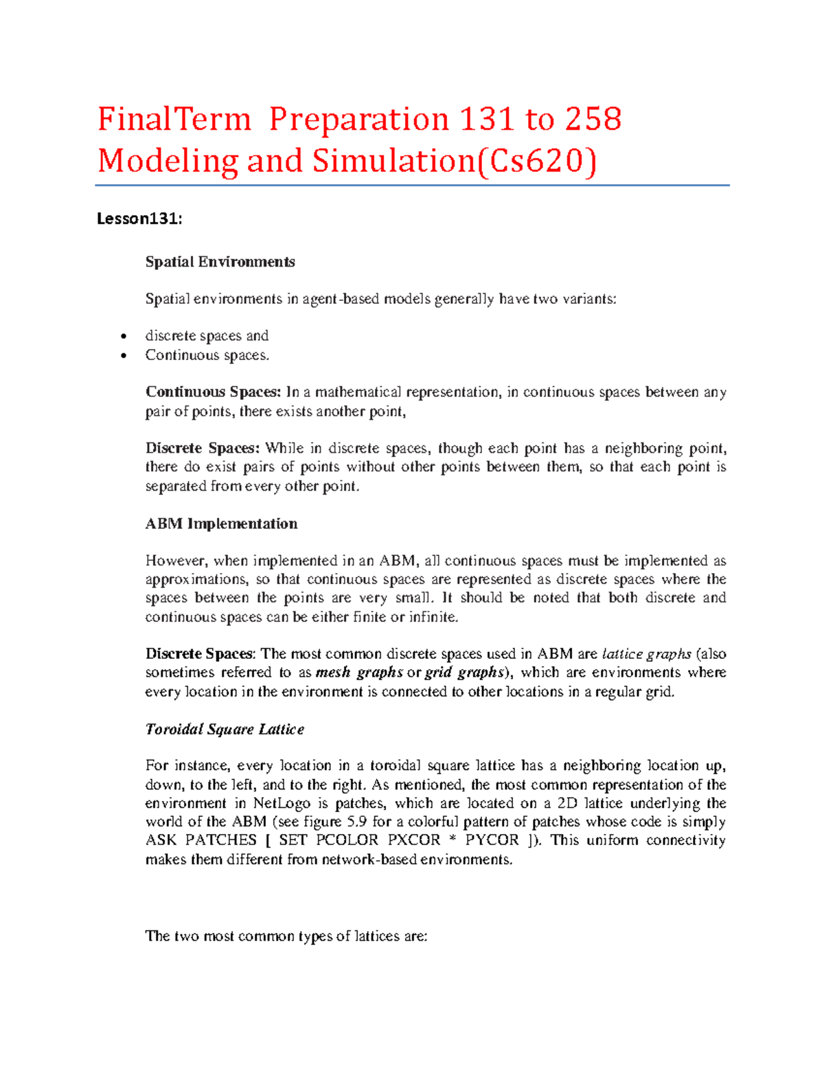 Cs620 Final Exam Study Guide: Modeling & Simulation Lessons 131-143 ...