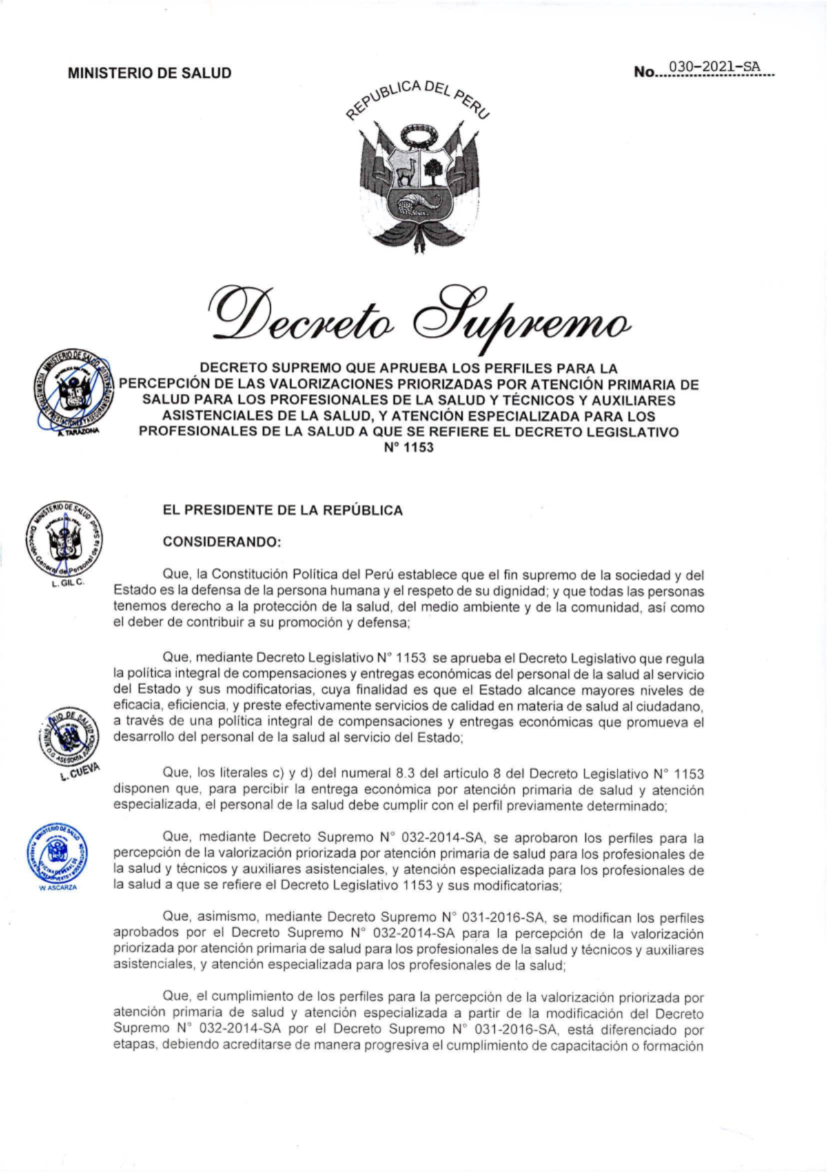 Decreto Supremo N°030-2021-SA: Perfiles para Valorización en Atención ...