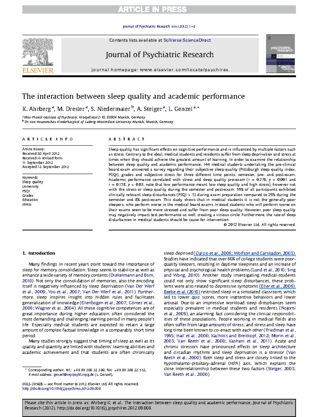 Sleep Quality and Academic Performance in Medical Students: A Study ...