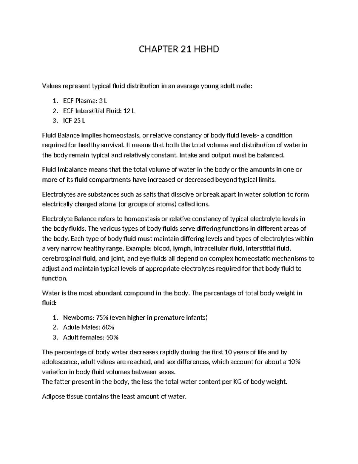Fluid and Electrolyte Balance: Lecture Notes for HBHD Chapter 21 - Studocu