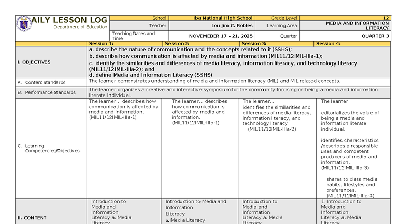 MIL-DLL Week 2: Daily Lesson Log on Media & Information Literacy - Studocu