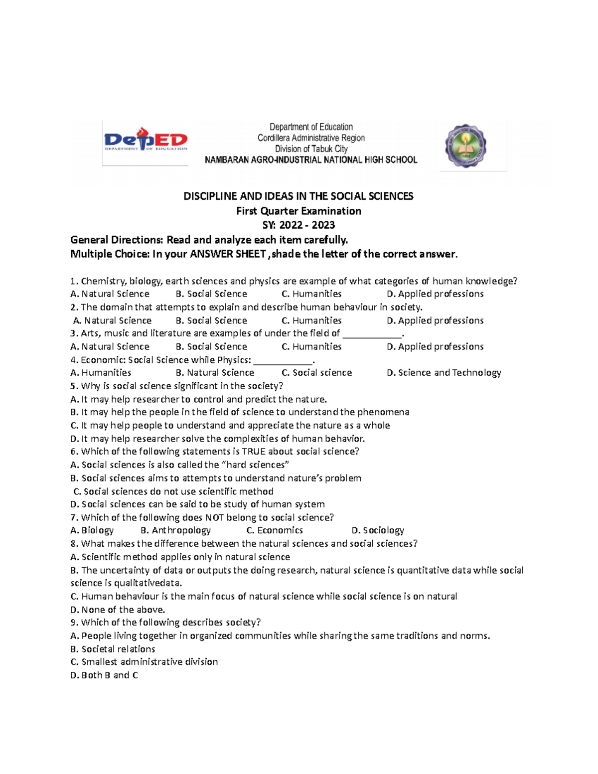 DISS EXAM - First Quarter Exam in Disciplines of Social Sciences - Studocu
