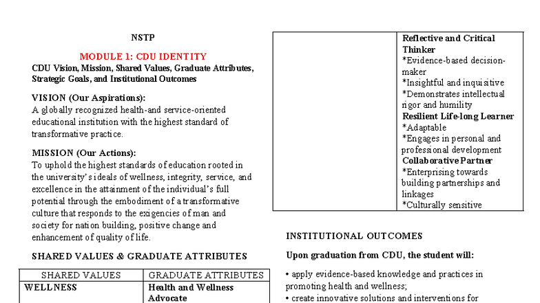 NSTP MODULE 1: CDU IDENTITY, VISION, MISSION & VALUES - Studocu