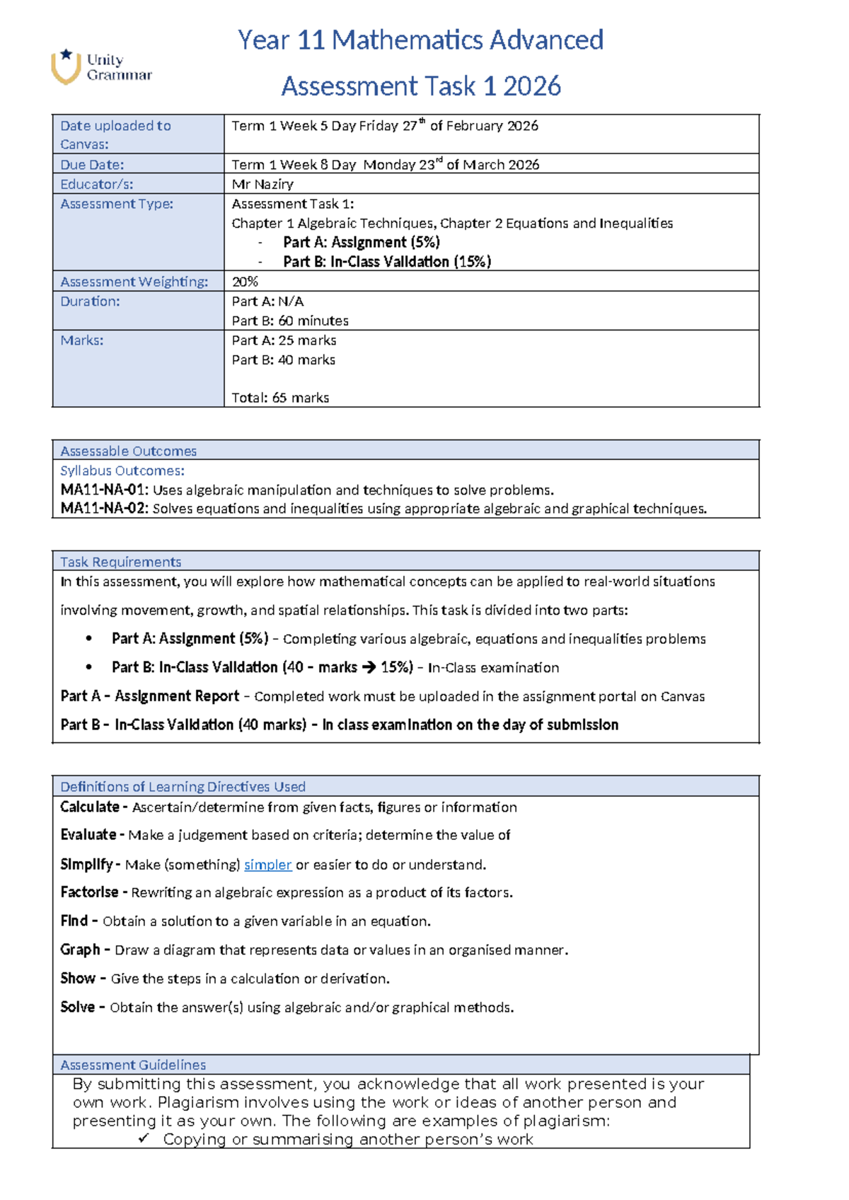 Year 11 Mathematics Adv. Assessment Task 1: Algebra & Equations 2026 ...