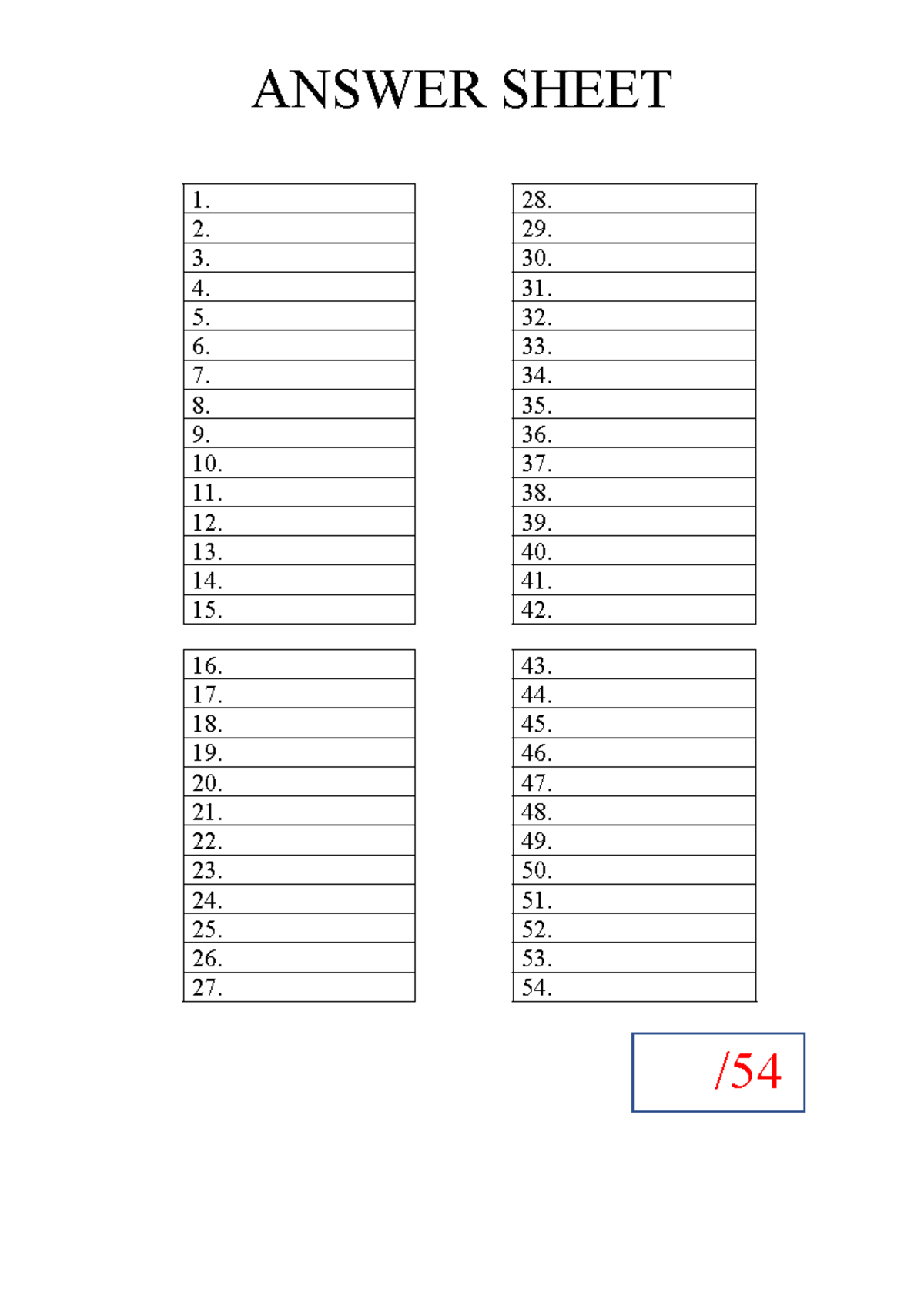 Answer Sheet for Exam Questions 1-70 - Studocu