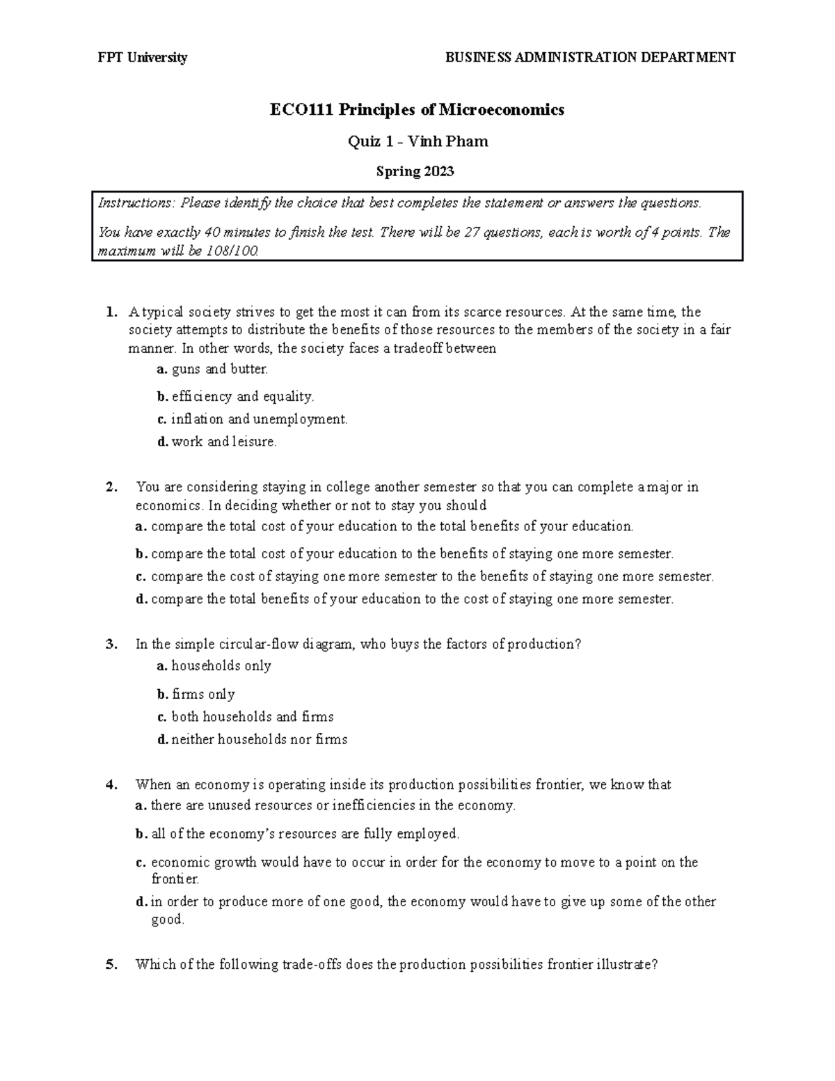 Micro Quiz 1 SP 2023 - ECO111 Principles of Microeconomics Quiz 1 ...