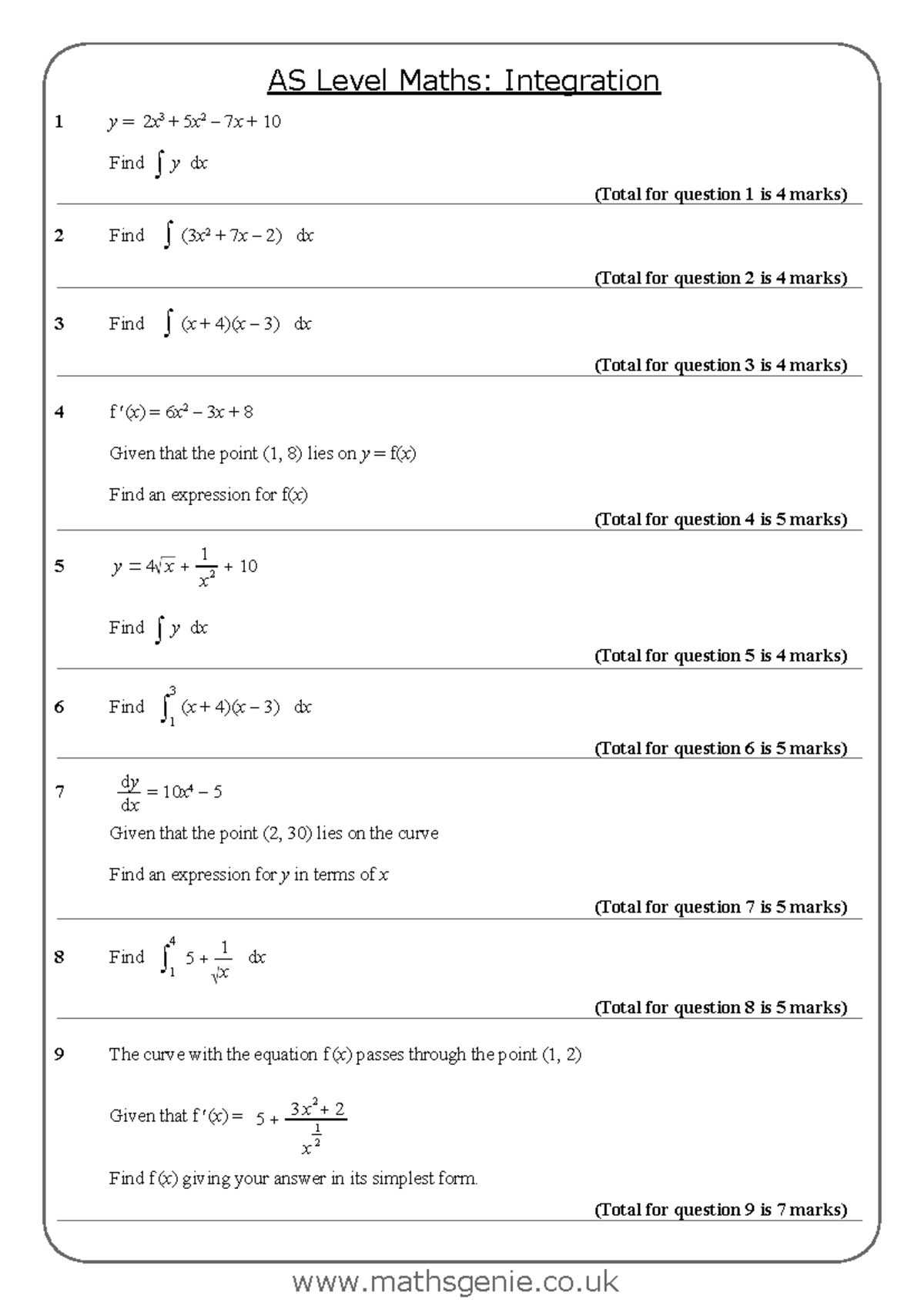 AS Level Maths: Integration Study Questions and Solutions - Studocu