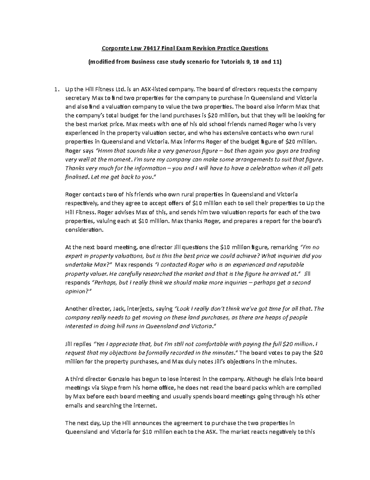 Corporate Law 70417 Final Exam Revision: Practice Exam Questions - Studocu