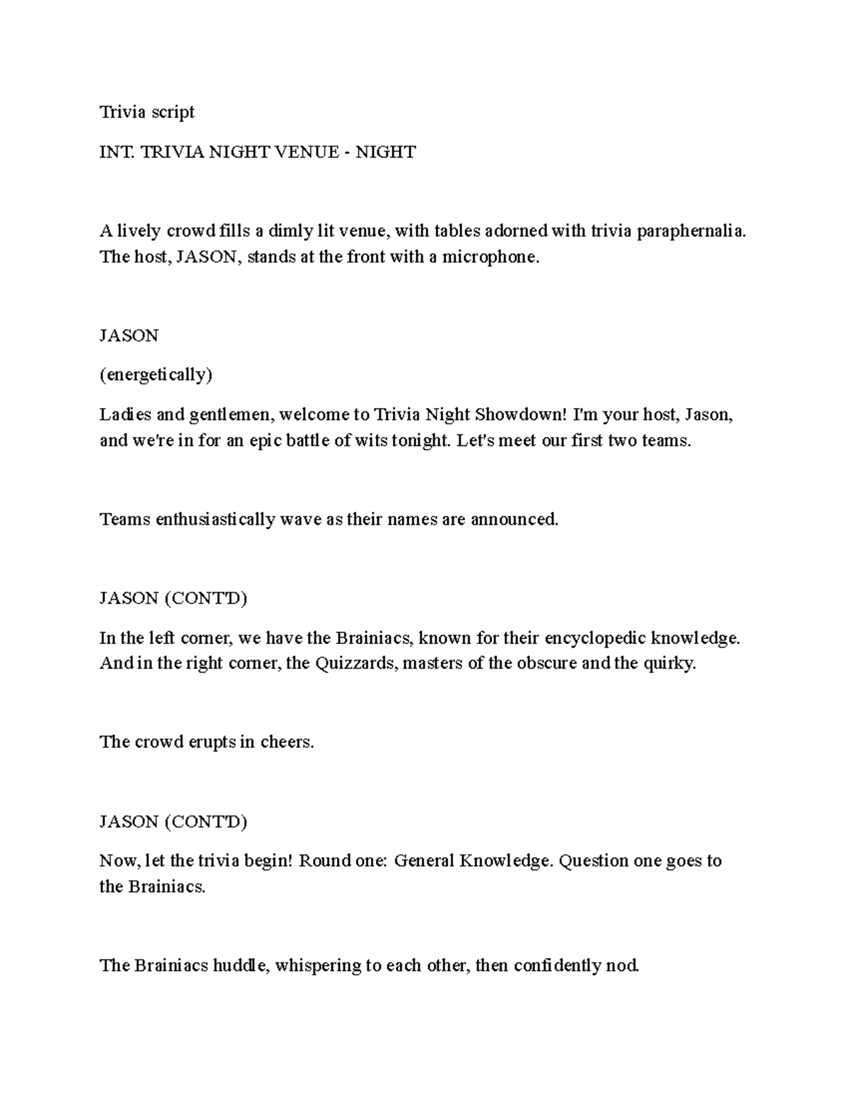 Trivia Night Script - An Epic Battle of Wits - Studocu