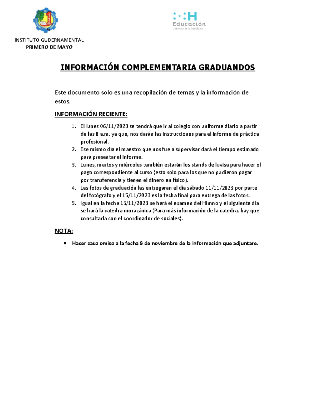 Información Complementaria Graduandos 2023 - INFORMACIÓN COMPLEMENTARIA ...