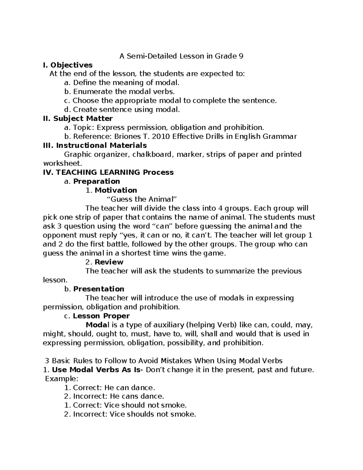 Grade 9 English Lesson Plan: Understanding Modal Verbs - Studocu