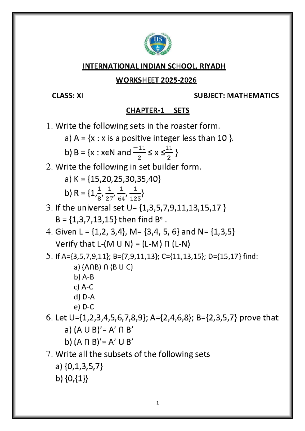 Mathematics Worksheet Class XI: Sets, Trigonometric Functions, and More ...
