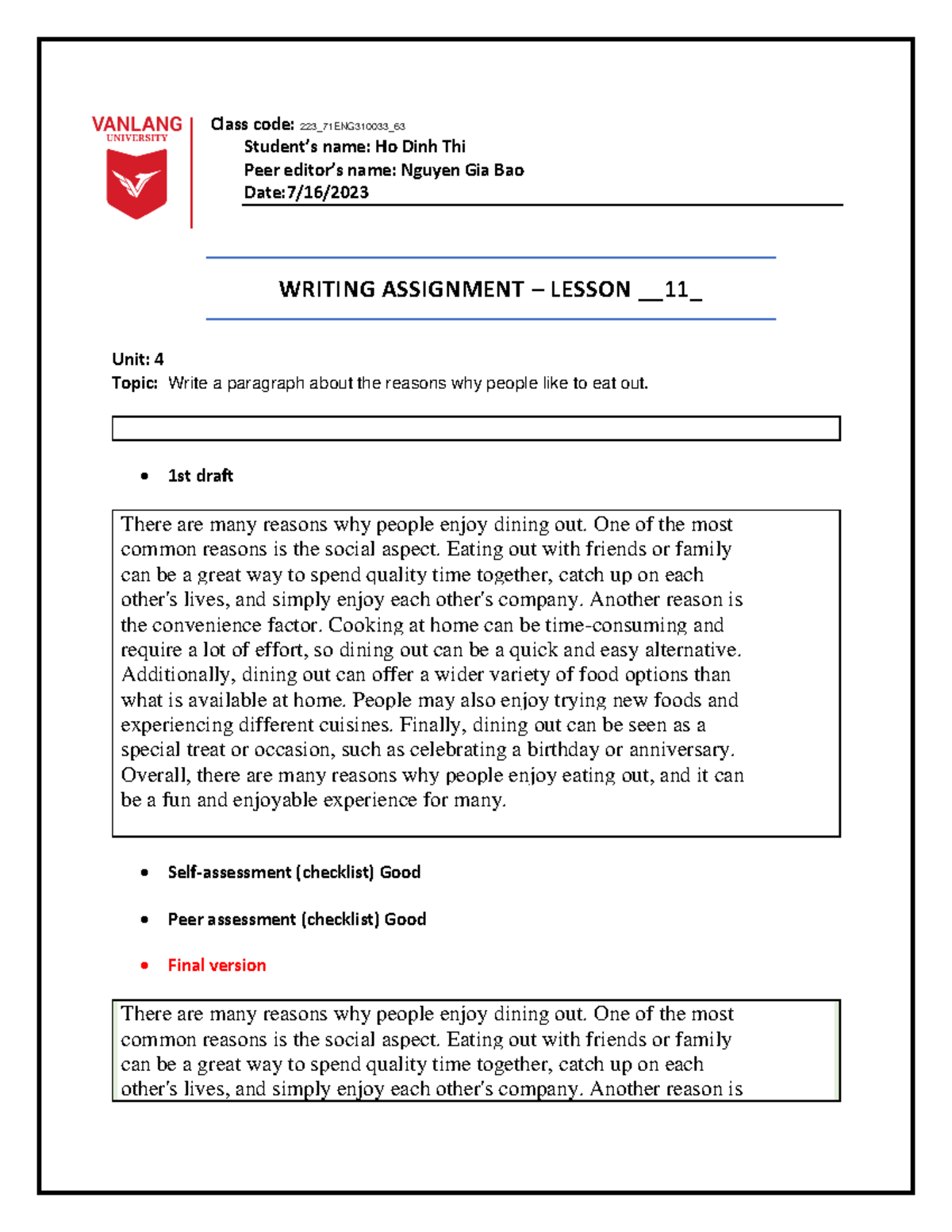 Template Writing assignment - Class code: 223_71ENG310033_ Student’s ...