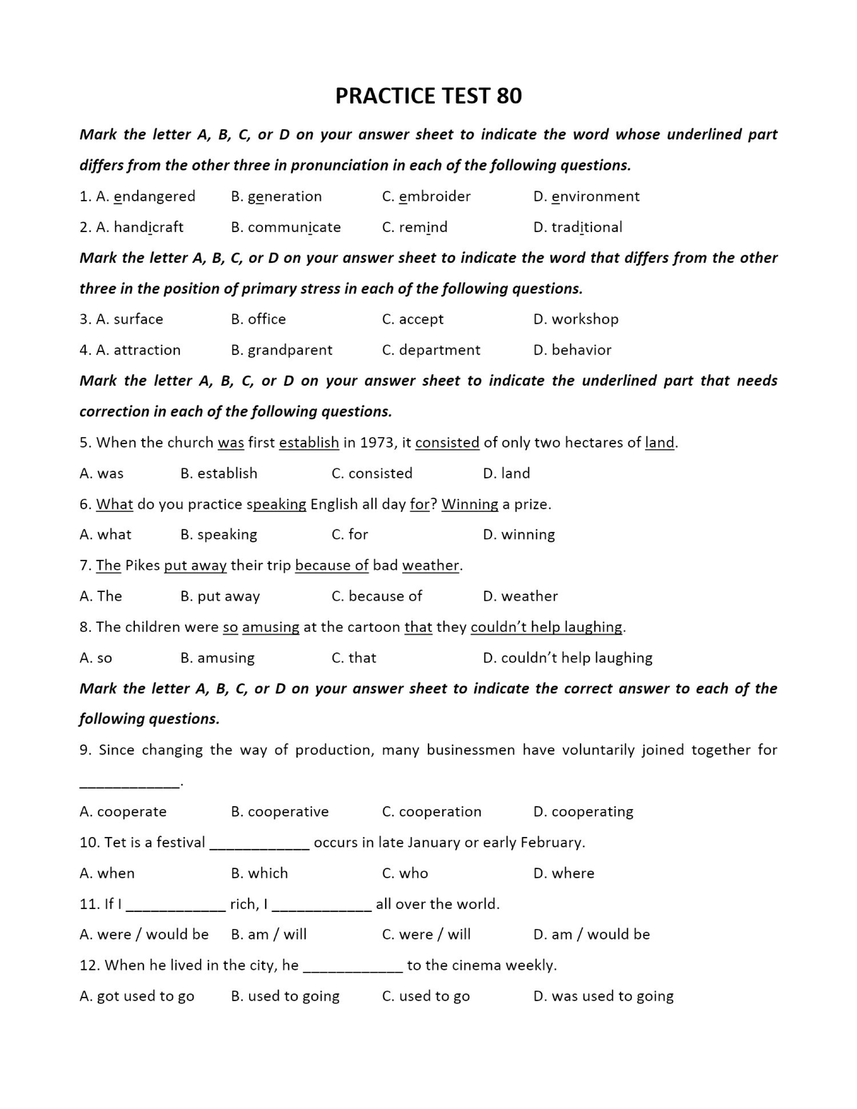 PRACTICE TEST 80: Pronunciation, Stress, and Grammar Questions - Studocu