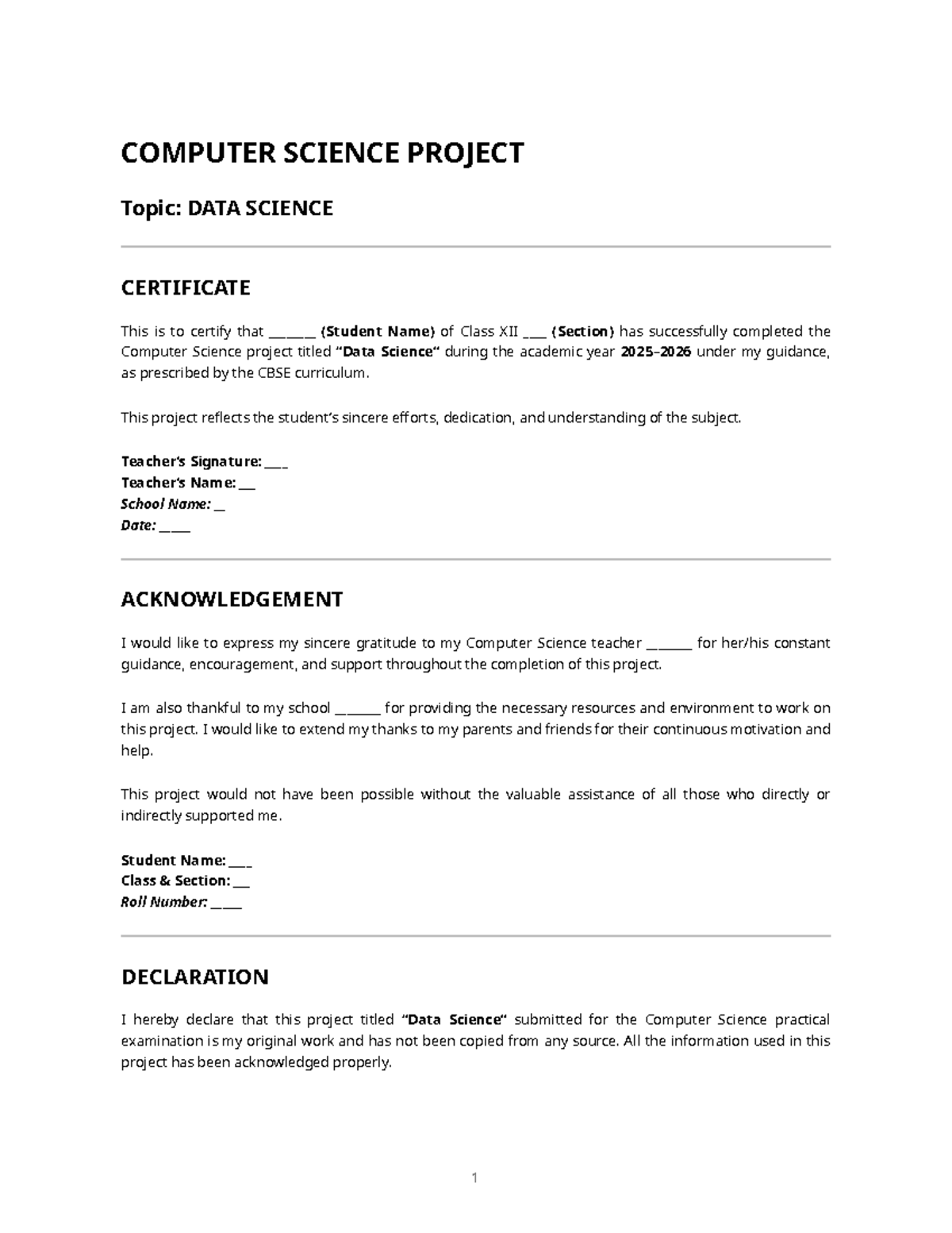 Class 12 Computer Science Project: Exploring Data Science - Studocu