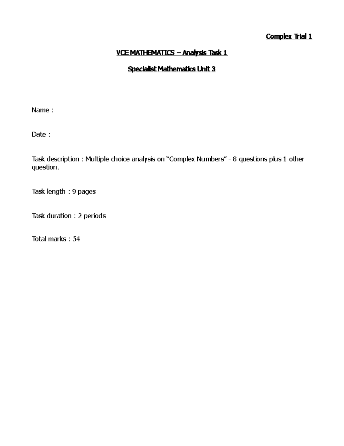 Complex Numbers Trial 1 - VCE Specialist Mathematics U3/4 Exam - Studocu