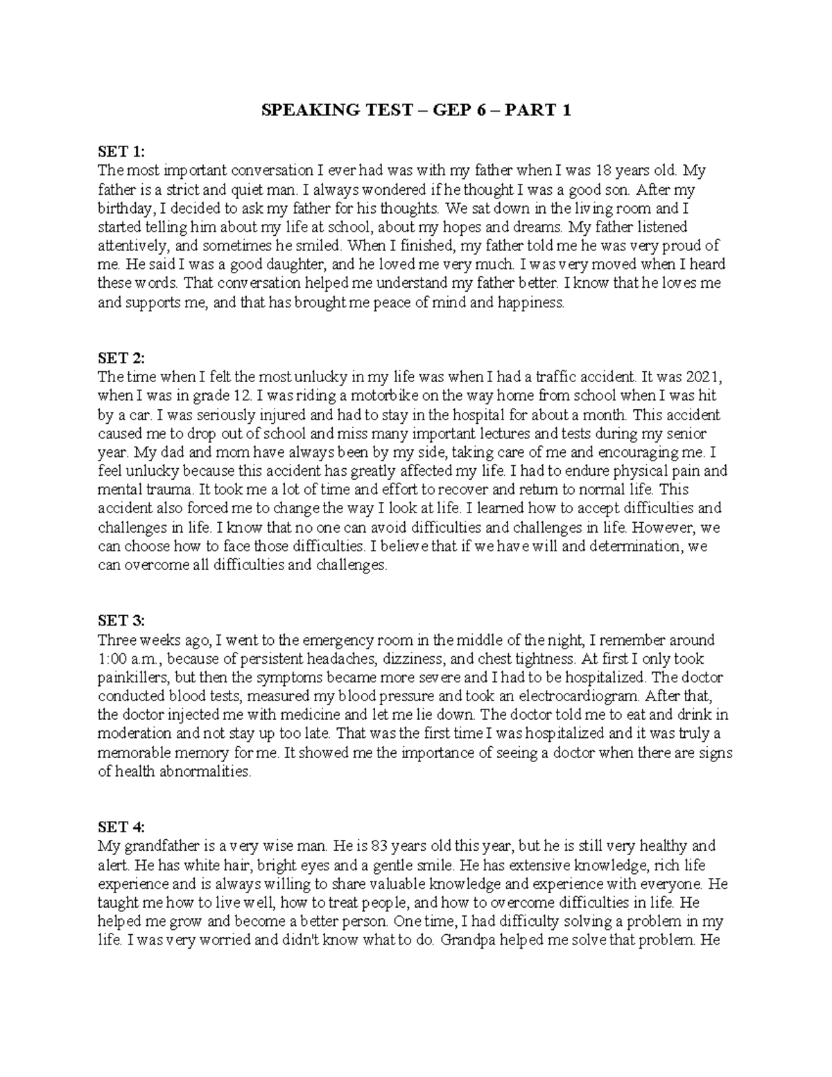 Speaking TEST - GEP 6 - SPEAKING TEST – GEP 6 – PART 1 SET 1: The most ...