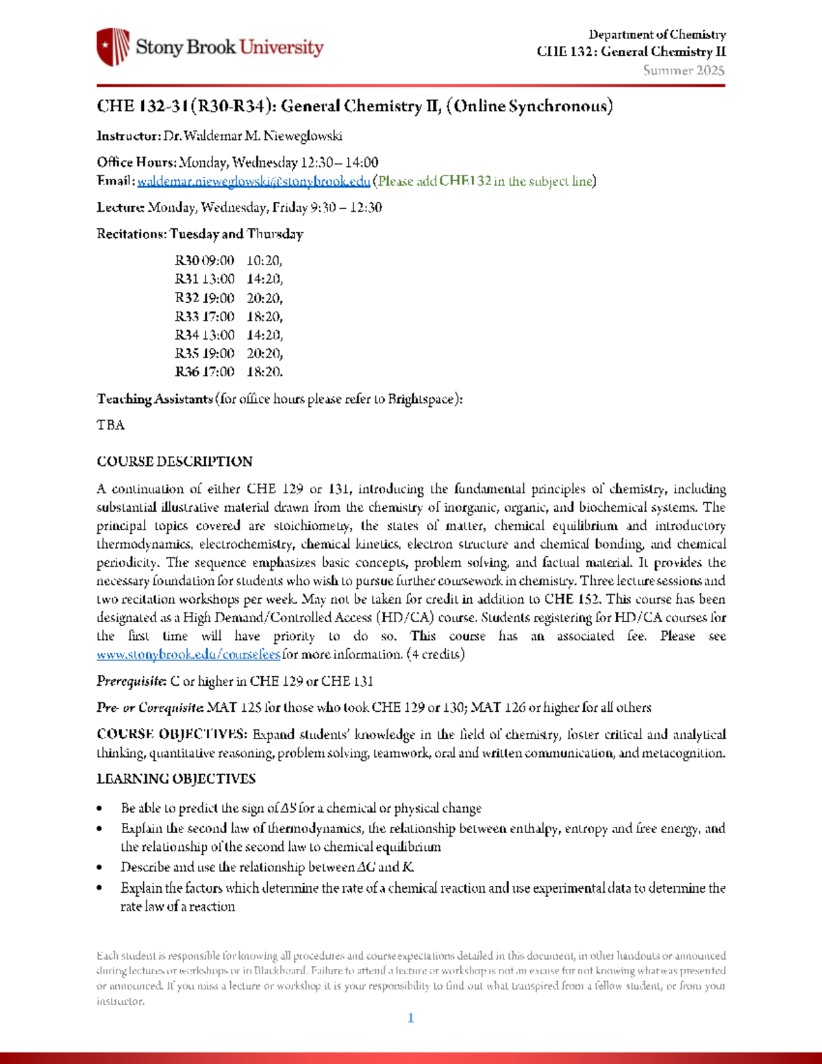 Syllabus for CHE 132: General Chemistry II - Summer 2025 - Studocu
