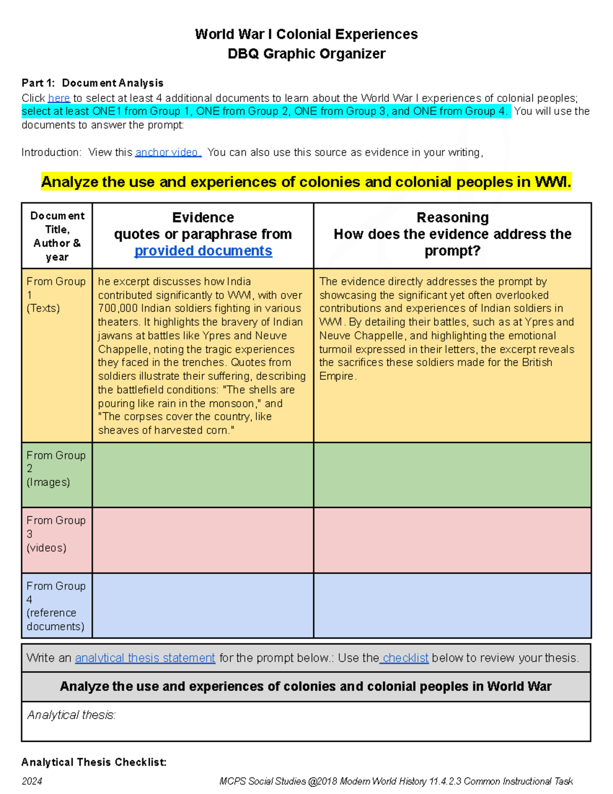 Copy of Colonial Experiences in World War I DBQ Graphic Organizer - LTS ...