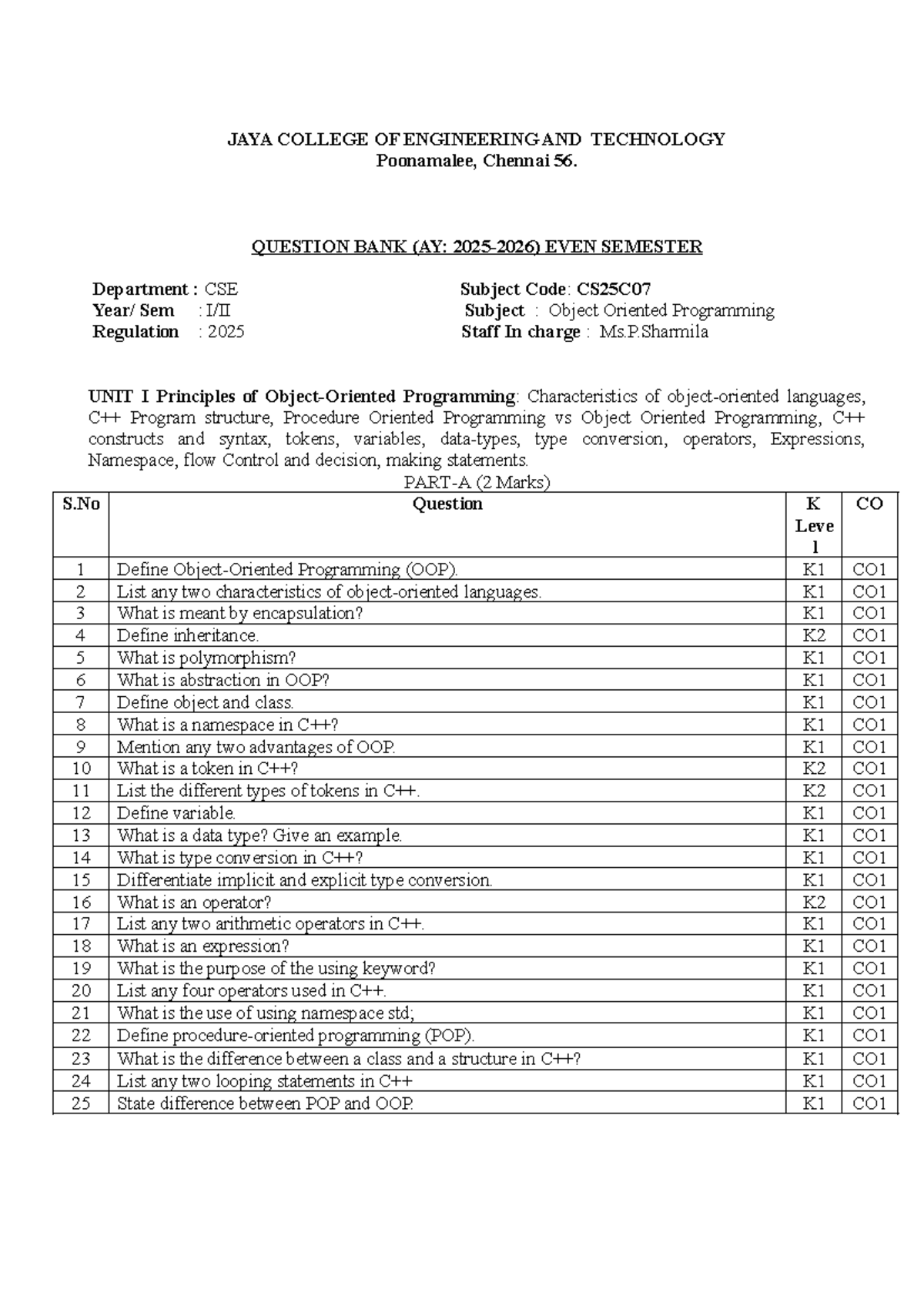 OOP QB - Object Oriented Programming Question Bank (CS25C07) - Document Preview