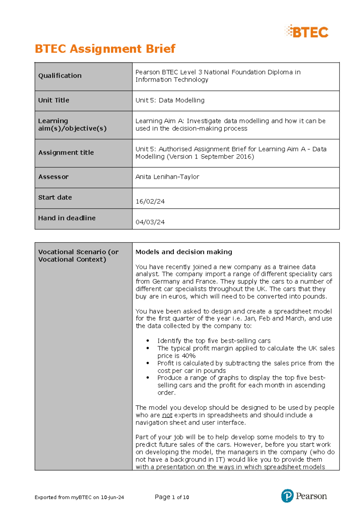 Unit 5 Assignment 2: Data Modelling Presentation and Evaluation - Studocu