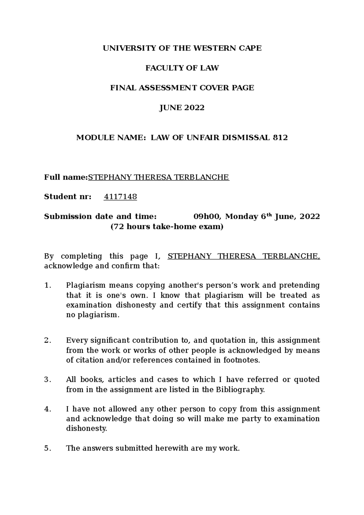 LAB812 FINAL EXAM Paper: Law of Unfair Dismissal Analysis - Studocu
