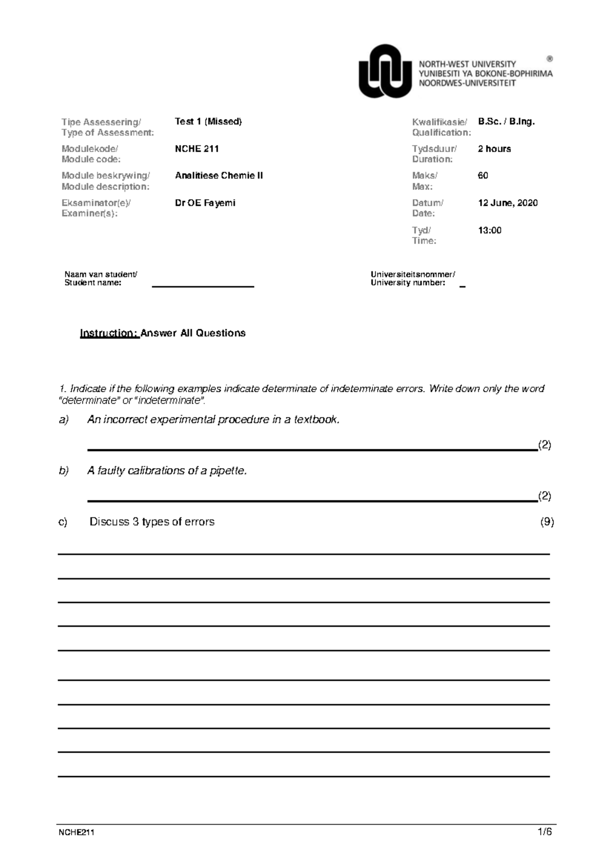 NCHE 211 TEST 1 2020-converted - NCHE211 1 / Tipe Assessering/ Type of ...