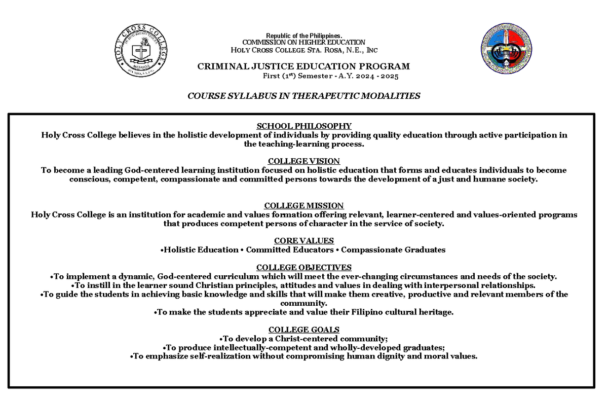 CRIM 101: Syllabus for Therapeutic Modalities - 1st Sem A.Y. 2024-2025 ...