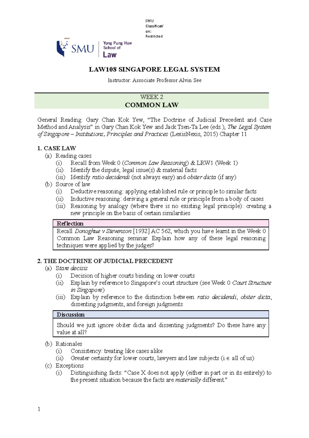 LAW108 Week 2 Lecture Notes: Common Law & Judicial Precedent - Studocu
