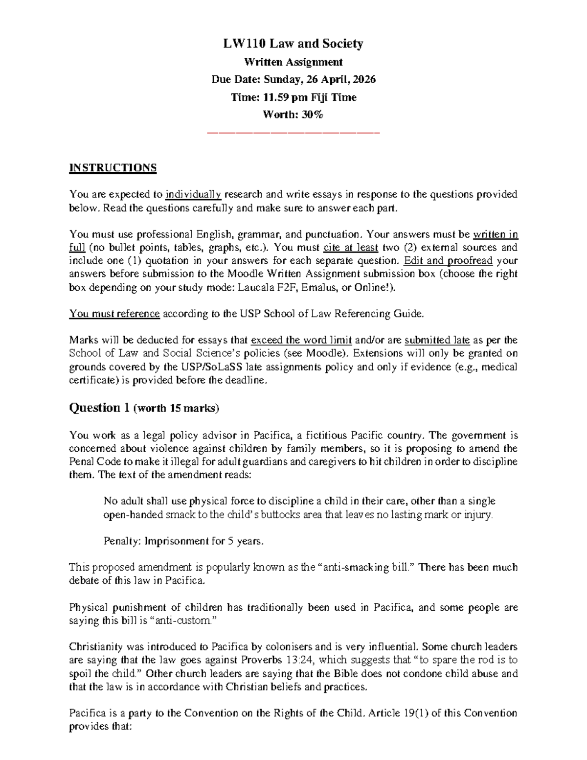 LW110 Law and Society: Written Assignment on Child Discipline ...
