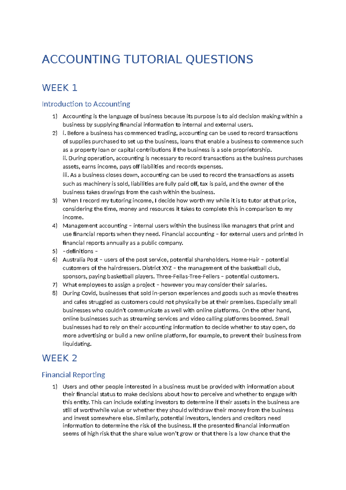 ACCT101 TUTORIAL QUESTIONS: WEEKS 1-10 Overview of Accounting Concepts ...