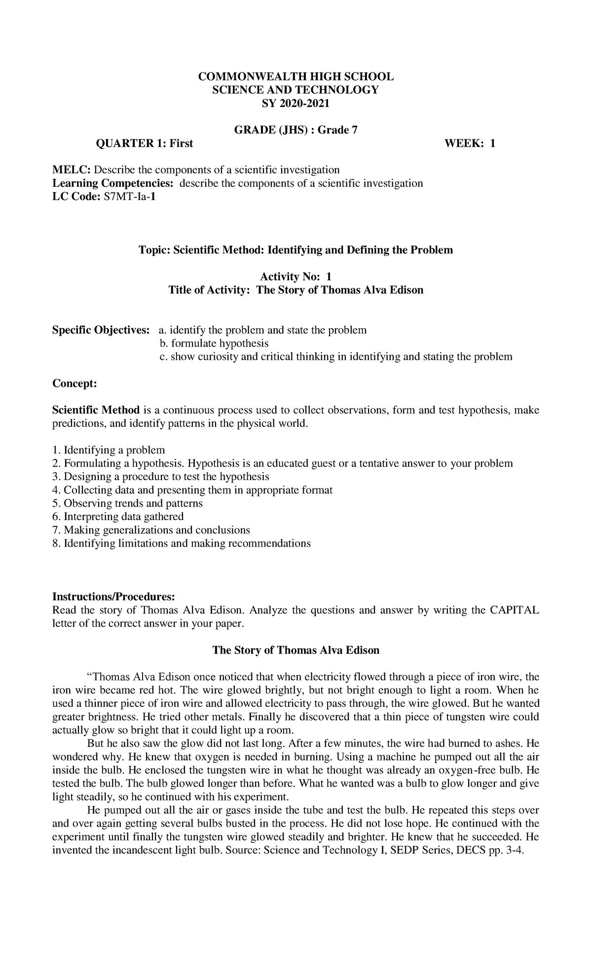 Science 7 WEEK 1 Scientific Method - COMMONWEALTH HIGH SCHOOL SCIENCE ...