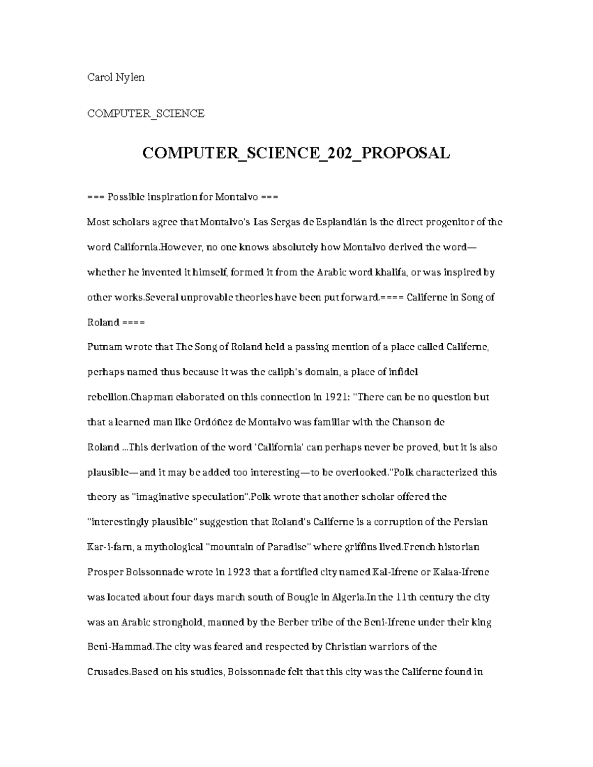 Computer Science 202 Proposal - Carol Nylen COMPUTER_SCIENCE COMPUTER ...