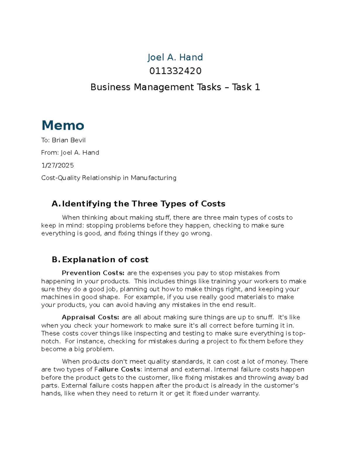 Business Management Tasks - QHT1 - AVM1 - Task 1 - Joel A. Hand