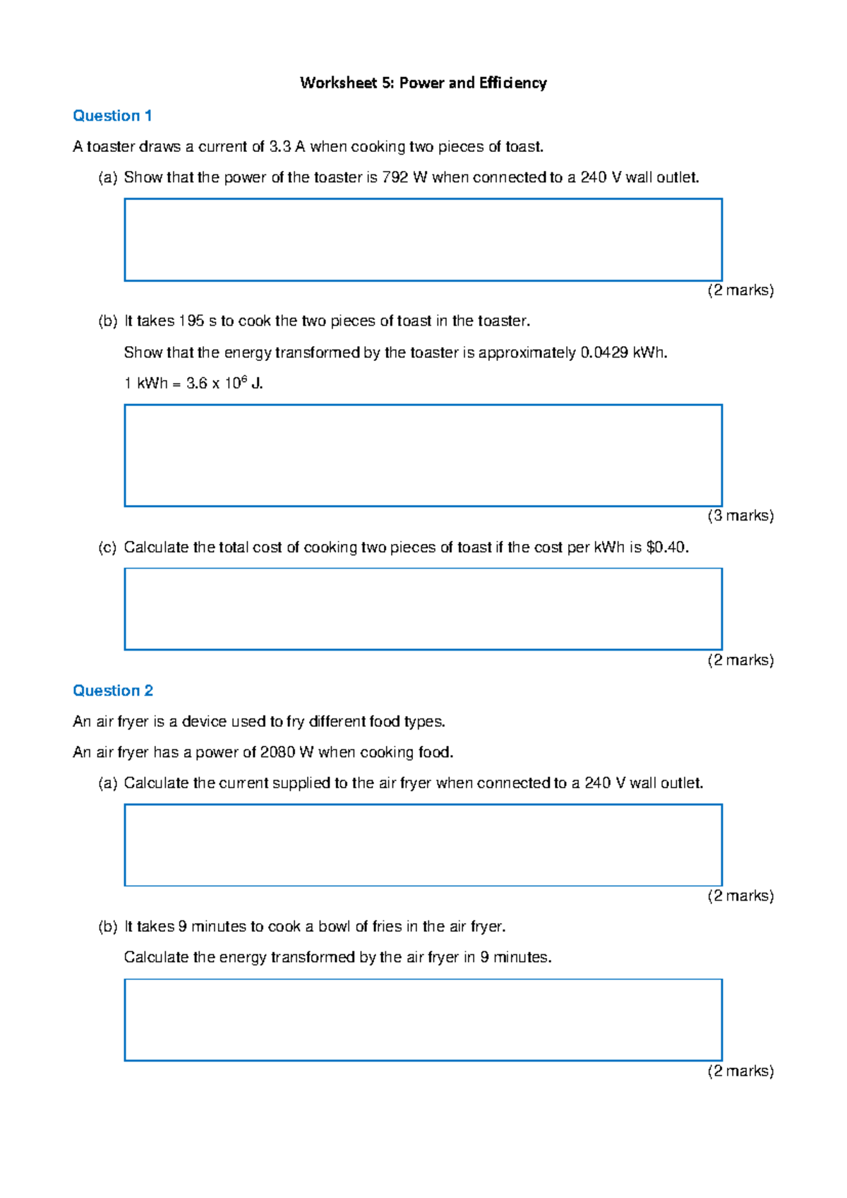 W5: Power and Efficiency Worksheet with Calculations and Questions ...
