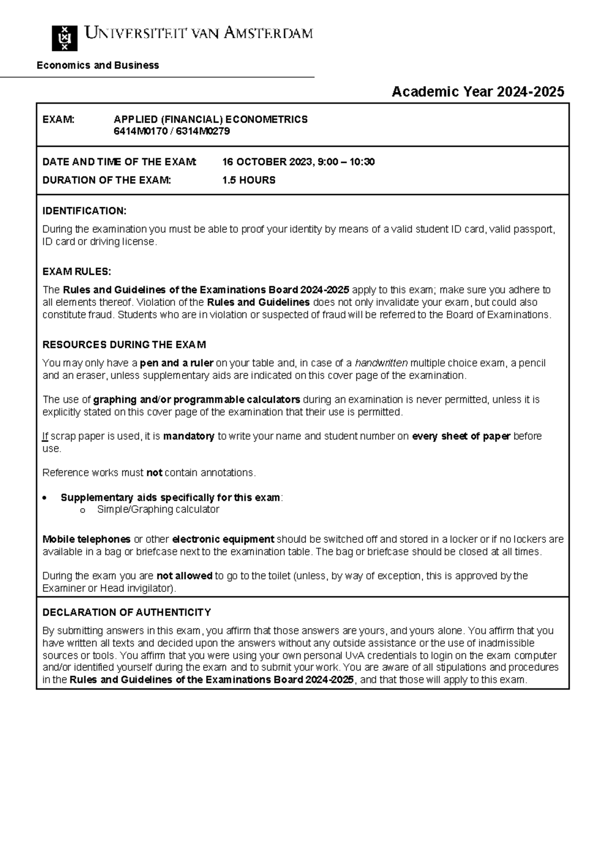 Midterm Exam: Applied (Financial) Econometrics 6414M0170 & 6314M0279 ...