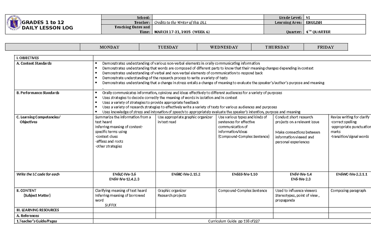 DLL English 6: Daily Lesson Log for Quarter 4, Week 6 - Studocu