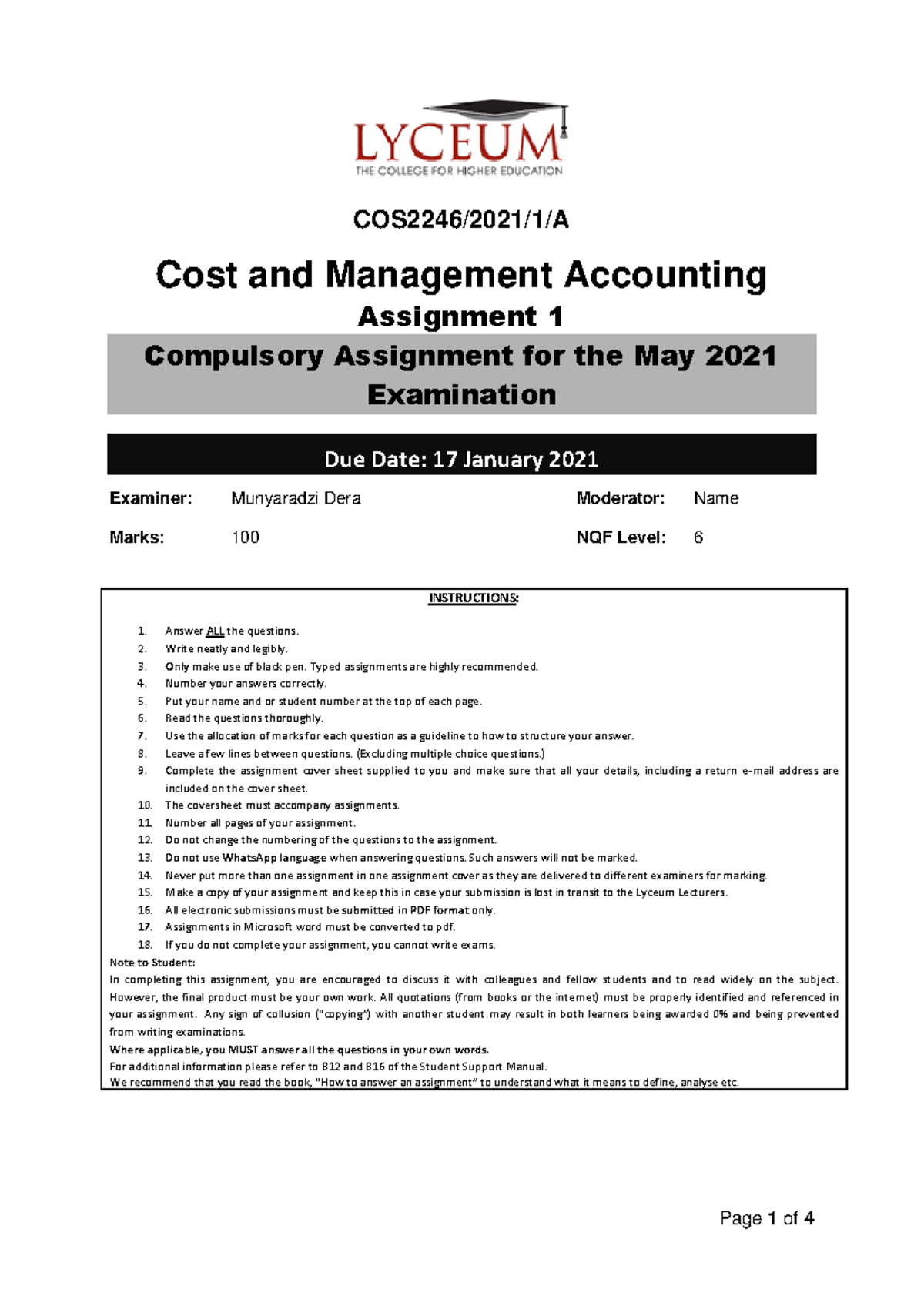 COS2246A1 - Cost & Management Accounting Assignment 1 (May 2021) - Studocu