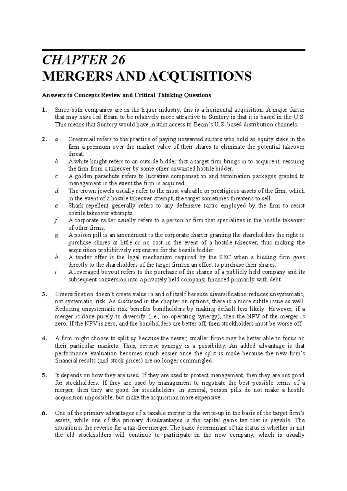 ross Chapter 26: Mergers and Acquisitions Solutions Overview - Studocu