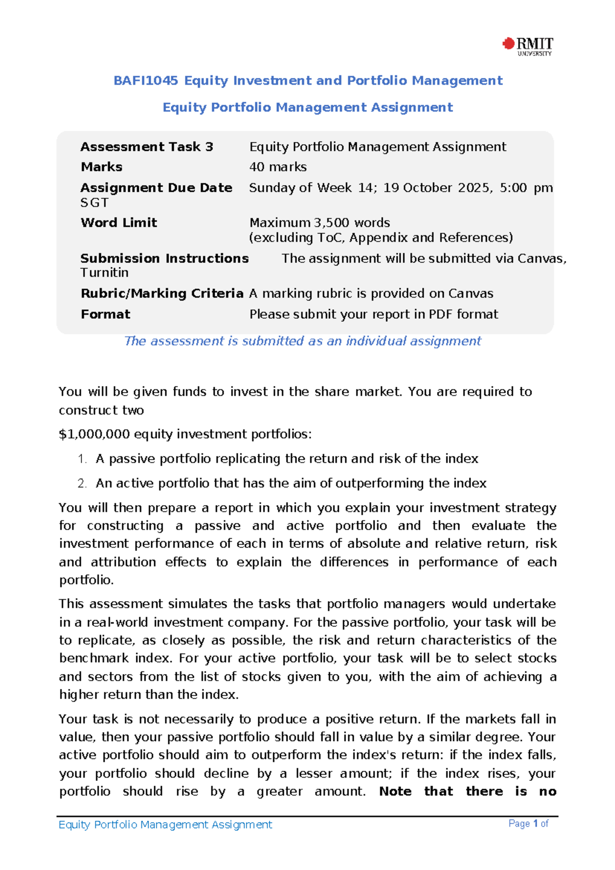 BAFI1045 Equity Portfolio Management Assignment: Task 3 Analysis and ...