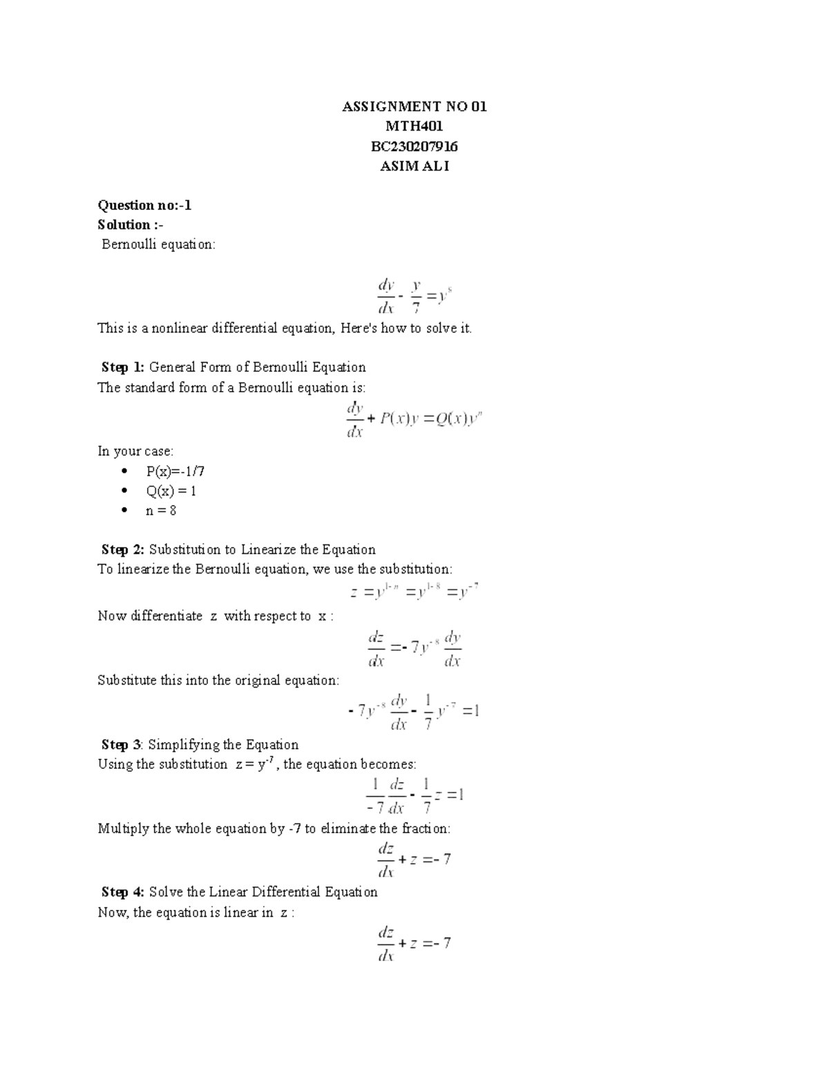 MTH401 Assignment 01: Solutions to Bernoulli Equation and Exactness ...