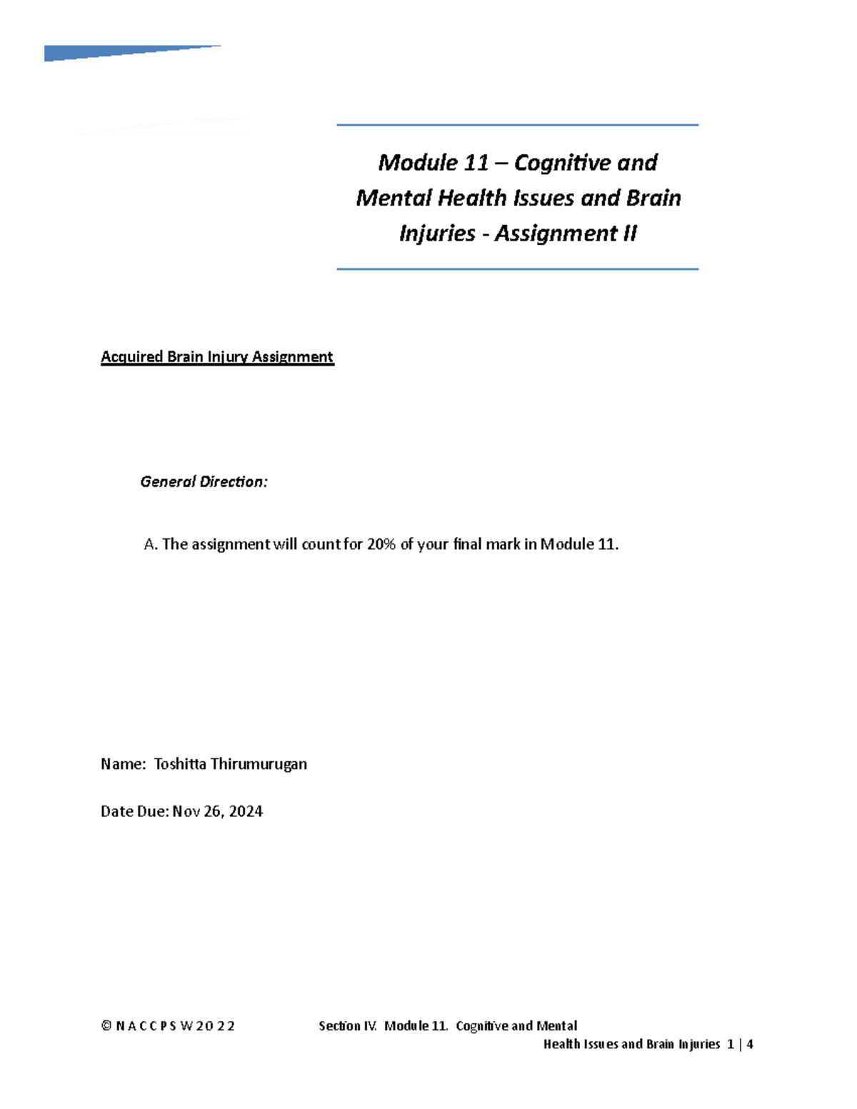Assigmt - Module 11 Cognitive Impairment-II TT - © N A C C P S W 2 0 2 ...