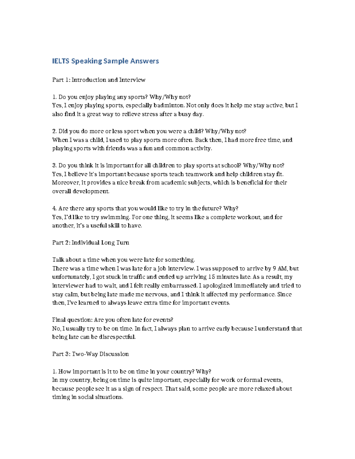 Ielts Speaking Sample Answers - IELTS Speaking Sample Answers Part 1 ...