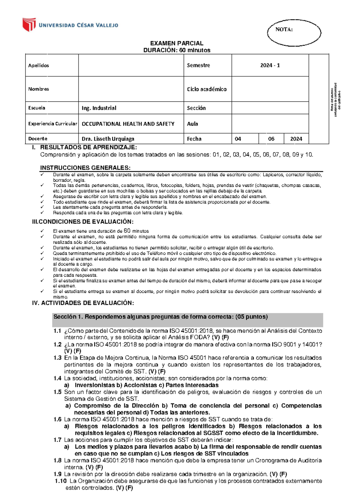 Examen Parcial II OHS: Normas ISO y Evaluación de Riesgos 2024 - Studocu