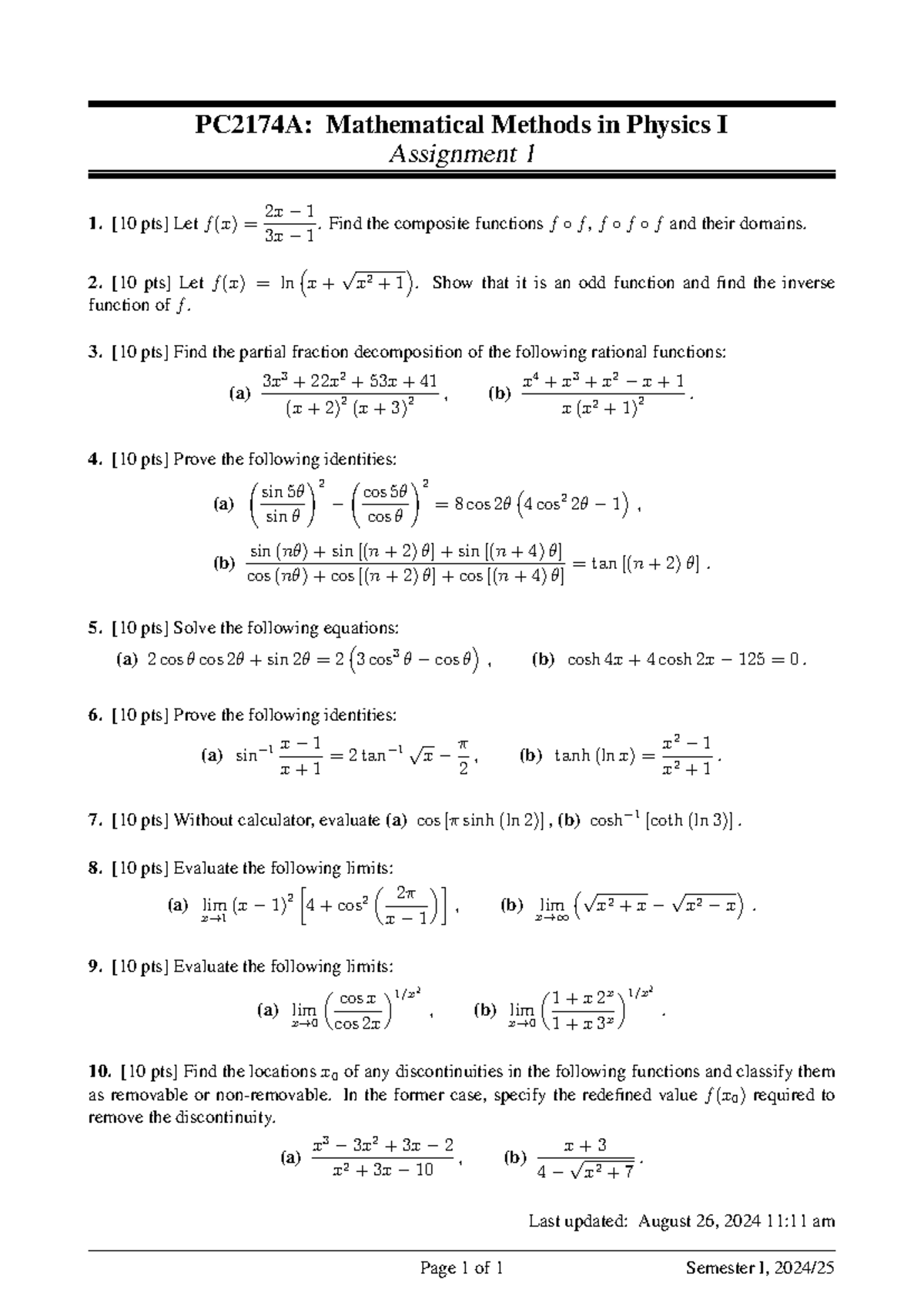 PC2174A: Mathematical Methods in Physics I - Assignment 01 - Studocu